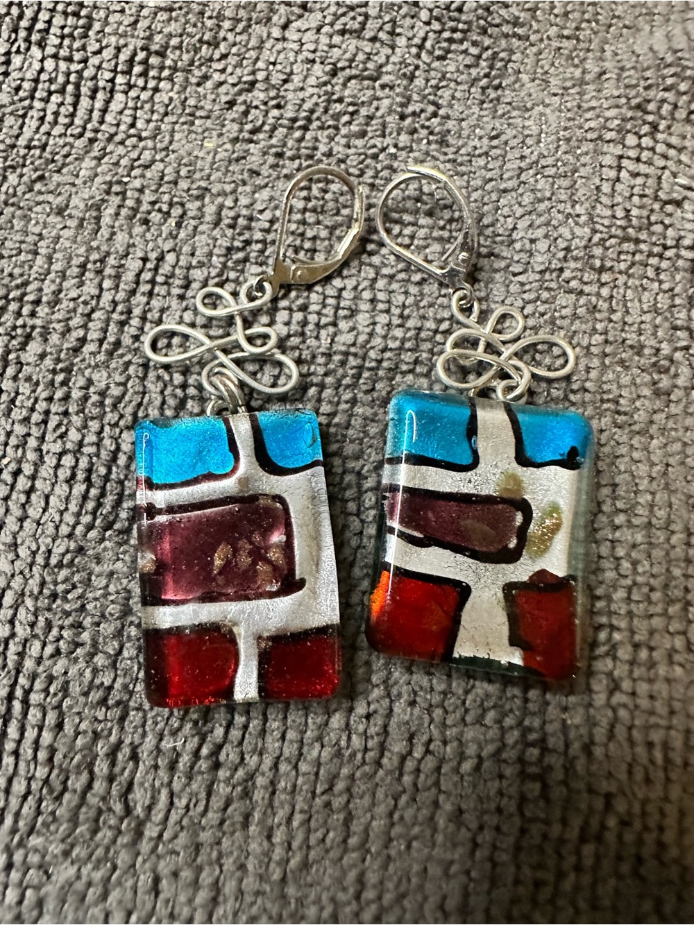 Handmade Multicolor Glass Dangle Earrings with Blue and Red Accents
